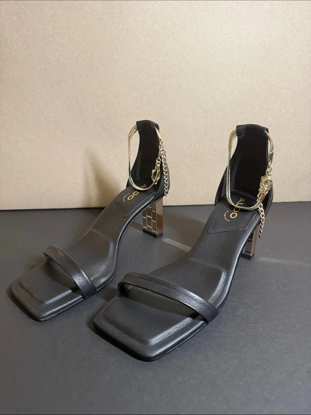 Aldo Black Square-Toe Block Heel Sandals with Gold Chain